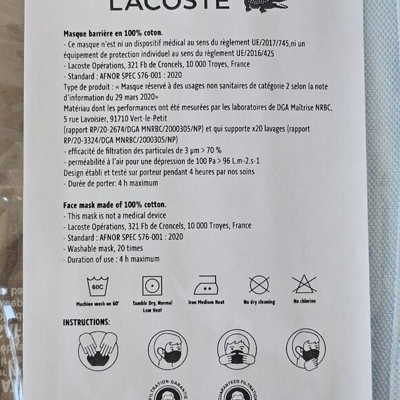 NWT LACOSTE Light Blue Pique Cotton Ear Loop Face Mask W/ Pouch Unisex One Size - Picture 5 of 9